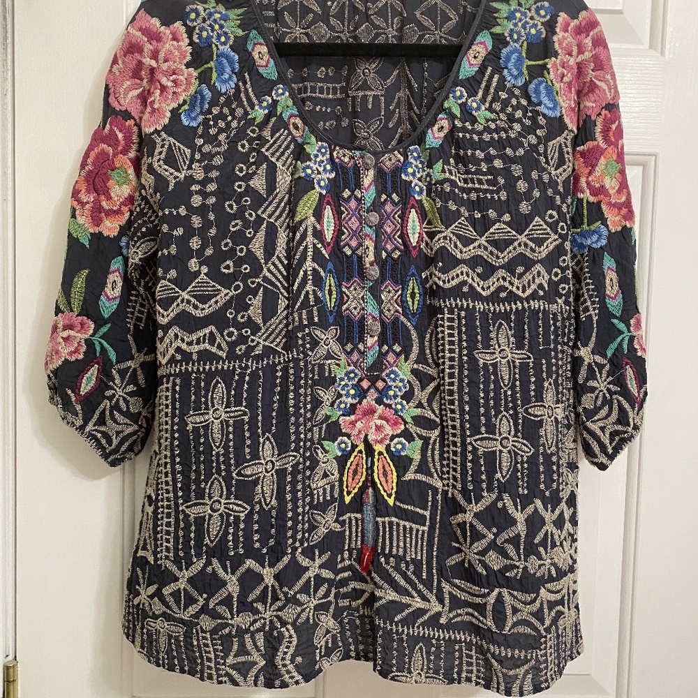 Johnny Was embroidered black top